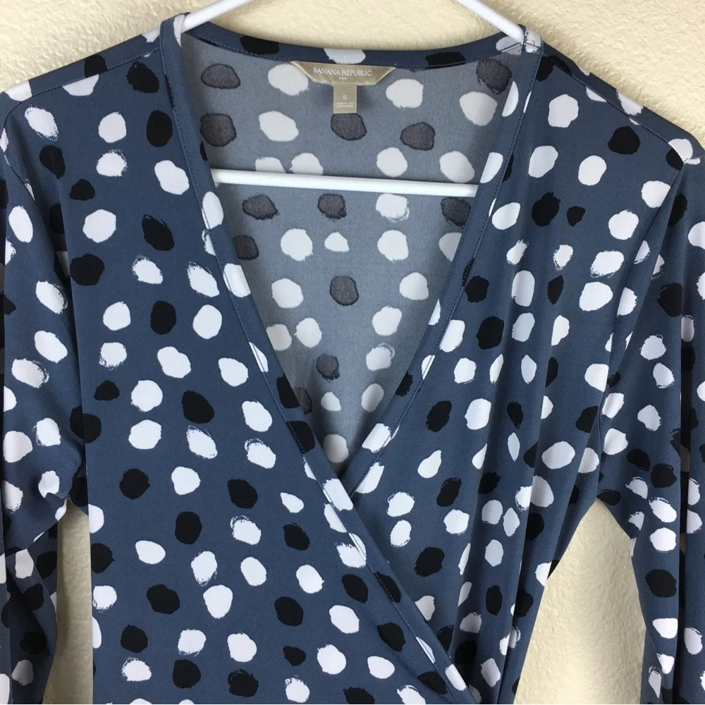 Banana Republic Wrap Dress Gray Black White Polka Dot Stretch 3/4 Sleeve Size S - Picture 4 of 13